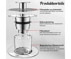 Universalus praustuvo kamštis su filtru, 32-40 mm