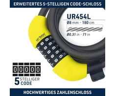 Urban Ur454l dviračio spyna su plieniniu trosu, lanksčiu numerio kodu, 12 mm skersmens, 180 cm grandinė su apsaugos kodu, apsauga nuo vagystės, patvari, kompaktiška, lengvai transportuojama