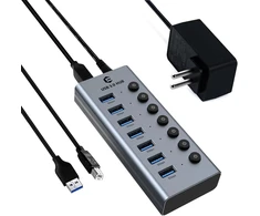 Usb 3.0 šakotuvas, usb 7-in-1 adapteris su aktyviu 3.0 maitinimu, usb 3.0 šakotuvas su 7 usb-a prievadais, 100 cm kabelis, 24 w (12v/2a) maitinimo dokas ir atskiras jungiklis su led indikatoriumi