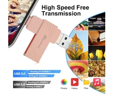 Usb atmintinė, skirta iphone, 4 viename usb 3.0 atmintinė su ios ir usb c, 256 gb somony išorinė atmintis greitam atsarginių kopijų kūrimui, suderinama su iphone/ipad/android/mac/pc (rožinė, 256 gb)