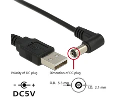 Usb į Dc 5.5x2.1mm 90° kampu įkrovimo laidas, 100cm