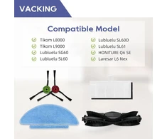 Vacking atsarginės dalys, suderinamos su Lubluelu Sl60d, Tikom L9000, Honor Q6 Se, Laresar L6 Nex, Medion X20 Sw+ priedais, 2 pagrindiniai šepečiai, 8 šoniniai šepečiai, 6 Hepa filtrai, 6 šluostės