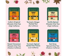 Vahdam, chai arbatos rinkinys (6 skoniai, 36 arbatos pakeliai) | indiškos masala chai arbatos mišiniai | ilgų lapelių piramidės formos arbatos pakelių rinkinys | dovanos moterims / vyrams