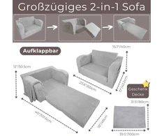 Fotelis Vaikiška sulankstoma sofa-lova su pledo, pilkai
