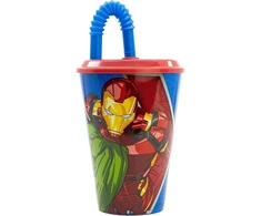 Vaikiškas pietų rinkinys 2 dalys Avengers Marvel plastikinis puodelis ir daugkartinio naudojimo priešpiečių dėžutė be Bpa, puodelis su šiaudeliu 430 ml ir priešpiečių dėžutė