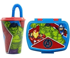 Vaikiškas pietų rinkinys 2 dalys Avengers Marvel plastikinis puodelis ir daugkartinio naudojimo priešpiečių dėžutė be Bpa, puodelis su šiaudeliu 430 ml ir priešpiečių dėžutė