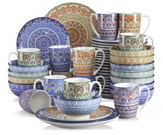 Valgomojo servizas 48 el. / 12 asm. Boho spalvingas su puodeliais