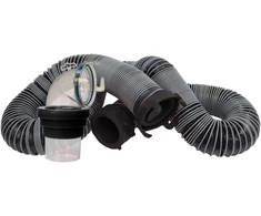Valterra Silverback™ 15 pėdų Rv ortakių žarna, universalus Rv nuotekų žarnos rinkinys. Įeina 12 pėdų žarna su pasukamomis jungtimis, 90 laipsnių Clearview nuotekų adapteris ir 2 lašėjimo dangteliai