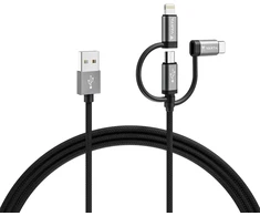Varta 3-in-1 kabelis Usb A į Micro Usb, Usb Type C, Lightning, greitas įkrovimas ir sinchronizavimas, Mfi, įkrovimo kabelis maitinimui ir duomenų perdavimui, 2 m, juodas, nailonas