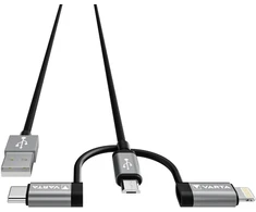 Varta 3-in-1 kabelis Usb A į Micro Usb, Usb Type C, Lightning, greitas įkrovimas ir sinchronizavimas, Mfi, įkrovimo kabelis maitinimui ir duomenų perdavimui, 2 m, juodas, nailonas