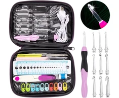 Vąšelių rinkinys su dėklu, ergonomiški įkraunami led apšviesti vąšeliai, 9 keičiamų galvučių rinkiniai, 34 vnt. vąšelių dėkle - mezgimo virbalai audimo siūlų siuvimo amatas (violetinė)