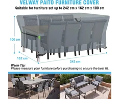 Velway uždangalas sodo baldams, atsparus vandeniui – 242 x 162 x 100 cm stačiakampis apsauginis uždangalas, atsparus vėjui, skirtas lauko baldams, sodo stalams, sėdimų vietų grupėms, terasos baldams, pilkas
