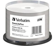 Vinilinė plokštelė Verbatim Dvd-r 4.7 Gb - 16x įrašymo greitis - Datalifeplus - didelis spausdinamas paviršius - 50 vnt. pakuotė ant verpstės, pritaikoma