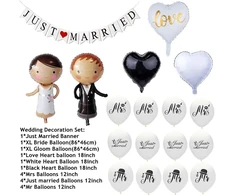Vestuvių dekoracijų rinkinys "just Married", vestuvių dekoracija balta, balionai "just Married", foliniai balionai nuotaka ir jaunikis, girlianda "just Married" vestuvių sužadėtuvių vakarėlio dekoracija.