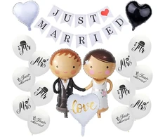 Vestuvių dekoracijų rinkinys "just Married", vestuvių dekoracija balta, balionai "just Married", foliniai balionai nuotaka ir jaunikis, girlianda "just Married" vestuvių sužadėtuvių vakarėlio dekoracija.
