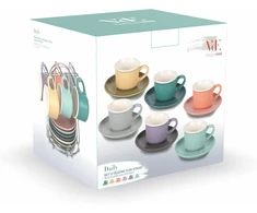 Villa D'este Home Tivoli espresso puodelių rinkinys 6 vnt. 90 ml su lėkštute, pagamintas iš kaulinio porceliano, stovas geležinis, kasdieninis