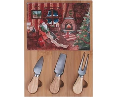 Villa D'este Home Tivoli Xmas Vintage sūrio lenta ir 3 sūrio peilių rinkinys bambukas ir keramikos kalėdinė dekoracija 21.5 x 30.5 cm