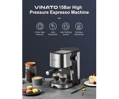 Vinato Espresso kavos aparatas, 15 barų espresso ir cappuccino aparatas su greito pašildymo funkcija, kavos aparatas su pieno putojimo funkcija ir garų lazdele, dvigubo išėjimo filtro laikiklis ir 2 filtrai