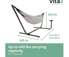 Vita5 medvilninis lauko dvivietis hamakas su rėmu - su puodelio ir knygos laikikliu - iki 2 žmonių/205 kg - 210 x 140 cm - su nešiojimo krepšiu