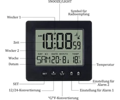 Vorrinc Skaitmeninis radijo bangomis valdomas žadintuvas su dviem nepriklausomais žadintuvais, snaudimo funkcija, apšvietimu, data, savaite, temperatūra, radijo bangomis valdomas laikrodis, automatinis vasaros / žiemos laiko nustatymas