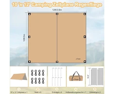 Wadeo Kempingo brezentas palapinei, neperšlampamas, 4 x 3 m, kempingo brezentas palapinei, apsauga nuo lietaus su stulpais, palapinės virvės, kempingo brezentas, itin lengvas, idealus kempingui, iškyloms lauke - Khaki