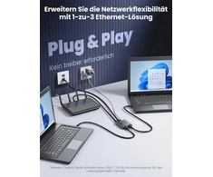 Warrky Lan skirstytuvas 1 į 3, 1000 Mbps eterneto skirstytuvas su type-c maitinimo laidu, [1,4 cm itin plonas, integruotas lieto aliuminio korpusas] gigabitinis Lan skirstytuvas 3 prievadai, tinklo jungiklis, skirtas cat 5/5e/6/7/8