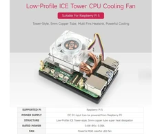 Waveshare aušinimo ventiliatoriaus radiatorius, suderinamas su Raspberry Pi 5, žemo profilio Ice Tower Cpu aušinimo ventiliatorius, u formos varinis vamzdelis, aušinimo briaunos, aušintuvas su spalvingu rgb led