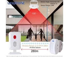 Waytronic belaidis pir judesio jutiklio apsaugos signalizacija 2 jutikliai ir 1 imtuvas 8 m aptikimo diapazonas naktinė lemputė 36 skambėjimo tonai 5 pasveikinimo garsai tvirtinamas prie sienos