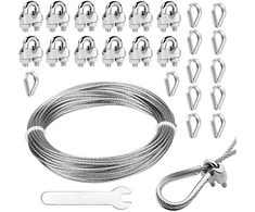 Wednok 26 dalių plieninių trosų rinkinys m3 nerūdijančio plieno vielinių lynų komplektas su 1,5 mm x 10 m plieniniu trosu, vielinių lynų spaustukais, vielinių lynų antpirščiais ir veržliarakčiu palapinių virvėms, skalbinių virvėms, lynų vielai, plieniniam