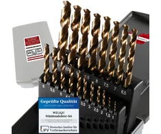 Weliqu preciziškų grąžtų rinkinys, pagamintas iš hss-e m35 kobalto - 19 dalių - spiralinių grąžtų rinkinys - 1-10 mm, 0,5 mm žingsniai - savaime centruojantis metalo apdirbimui
