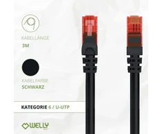 Welly Enjoy Wy40153 tinklo patch kabelis, 6 kategorija, U/utp Ethernet Gigabit Lan Rj45, 3 m, Pvc Cu Awg 26/7, juodas