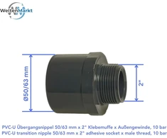 Ventiliatorius Weltenmarkt Profec Pvc-u perėjimo mova 50/63 mm x 2 coliai, lipnus lizdas/įmovos galas x išorinis sriegis, 10 barų, pilka