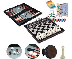 Weofferwhatyouwant magnetinis šachmatų žaidimas 4-in-1 - kelioninis rinkinys su dama, nardais ir kortų žaidimu - 36 cm sulankstoma lenta - didelės figūros su svoriu - vaikams ir suaugusiems - puiki dovana