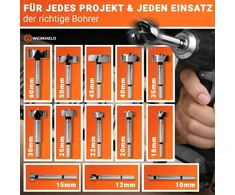 Werkheld® Forstner grąžtų rinkinys [tikslus ir ypač grūdintas] - 13 skirtingų grąžtų skylėms gręžti nuo 10 iki 60 mm visų tipų medienai [su dėžute laikymui]