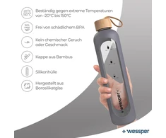 Wessper stiklinė gertuvė 1l su laiko žymomis, Bpa-free, atspari karščiui