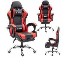 Wesu žaidimų kėdė su kojų atrama, ergonomiška, pasukama, juoda raudona