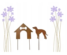 Whippet šuo su būda, metalinė dekoracija sodui, Corten efektas