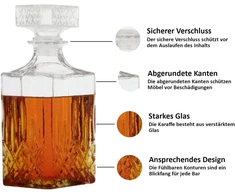 Whiskey grafinas su kamščiu 900 ml viskio dekanteris butelis stiklinis grafinas konjakui škotiškam brendžiui chereso stiklinis uždarymas kontūrai a x p x g 23,5 x 9 x 9 cm