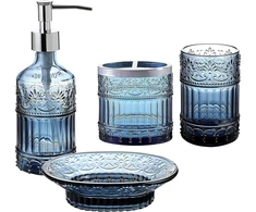 Whole Housewares | Vonios kambario rinkinys | 4 dalių vonios aksesuarų rinkinys | Muilo dozatorius, padėklas, stiklinė, dantų šepetėlių laikiklis | Mozaikinis stiklas (mėlynas)