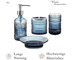 Whole Housewares | Vonios kambario rinkinys | 4 dalių vonios aksesuarų rinkinys | Muilo dozatorius, padėklas, stiklinė, dantų šepetėlių laikiklis | Mozaikinis stiklas (mėlynas)