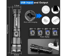 Wholefire žibintuvėlis, itin ryškus 10000 liumenų led žibintuvėlis, įkraunamas usb, su įkraunama baterija, ipx65 atsparus vandeniui žibintuvėlis su 5 šviesos režimais