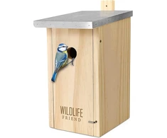 Wildlife Friend Inkilo dėžutė su metaliniu stogu, pagaminta iš tvirtos medienos, mėlynosioms zylėms ir smulkioms zylių rūšims – atspari oro sąlygoms, neapdorota, inkilas zylėms – pagalba perinimui su 28 mm įėjimo anga