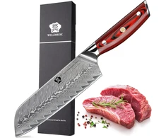 Wildmok Damaskinis Santoku peilis, 17,8 cm aštrus profesionalus peilis mėsai ir daržovėms, japoniškas daugiafunkcis azijietiškas peilis, pagamintas iš Super Vg10 plieno su pilnos apimties G10 rankena, Song serija