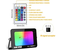 Willpower 30 W 3000 Lm Rgb Led prožektorius su nuotolinio valdymo pulteliu, Led prožektorius su atminties funkcija, pritemdomas spalvų keitimas, 16 spalvų, 4 režimai, Ip66 vandeniui atsparus Led prožektorius lauko vidaus