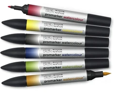 Winsor &amp; Newton 0290164 Promarker Watercolour Marker - 2 antgaliai, teptukas ir plonas antgalis, neblunkantys, labai pigmentuoti akvareliniai dažai kaligrafijai, piešiniams, 6 spalvų rinkinys, pagrindinės spalvos