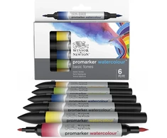 Winsor &amp; Newton 0290164 Promarker Watercolour Marker - 2 antgaliai, teptukas ir plonas antgalis, neblunkantys, labai pigmentuoti akvareliniai dažai kaligrafijai, piešiniams, 6 spalvų rinkinys, pagrindinės spalvos