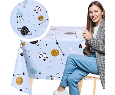 Wlemoe Kp home mėlyna pvc valoma staltiesė - stačiakampė aliejinė staltiesė vaikams 200 x 140 cm - vandeniui atspari plastikinė raketų kosmoso staltiesė vidaus patalpoms - vinilinė aliejinė staltiesė vaikams