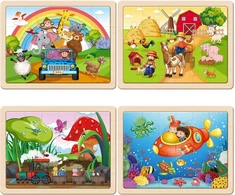 Wooden city Medinės gyvūnų dėlionės vaikams 3-8 m. (4 x 24 detalių)