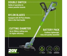 Workpro akumuliatorinis vejos pjoviklis 20 V su 2,0 Ah akumuliatoriumi ir greituoju įkrovikliu, 25 cm pjovimo plotis, 90° besisukanti trimerio galvutė, teleskopinė rankena, 20 dalių, įskaitant nailoninę mentę sodui