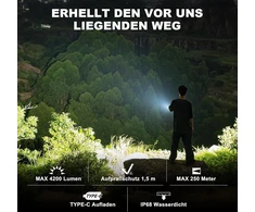 Wuben T70 Led įkraunamas žibintuvėlis, itin ryškus 4200 liumenų, Ip68 atsparus vandeniui, 6 šviesos režimai, akumuliatorius skirtas stovyklavimui, žygiams, lauke